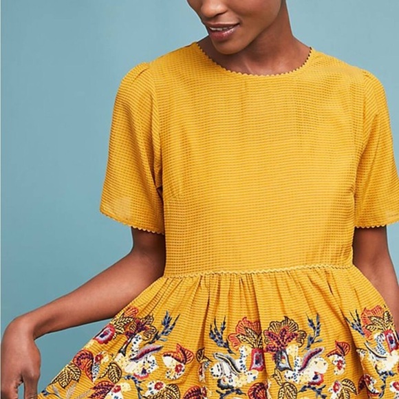 Anthropologie Bhanuni By Jyoti Yellow Embroidered Beaded Peplum Top Small - Picture 2 of 8